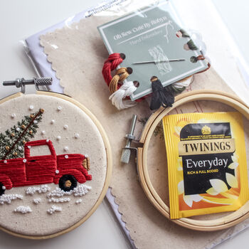 Red Christmas Truck With Tree And Snowy Scene Beginner Embroidery Kit, Hand Embroidery, 4 of 6