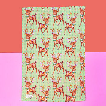 Christmas Reindeer Green Tea Towel, 2 of 5