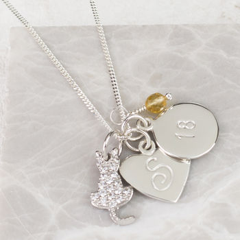 Cat Charm Personalised Silver Necklace With Birthstones, 9 of 11