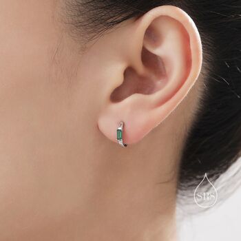 Sterling Silver Emerald Green Single Baguette Cut Cz Huggie Hoop, 2 of 12