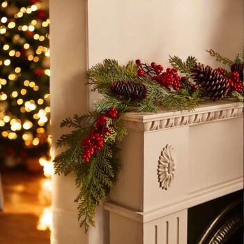 Traditional Christmas Garland, Red Berries, Pine Cones, Pre Lit, 6ft, 2 of 3