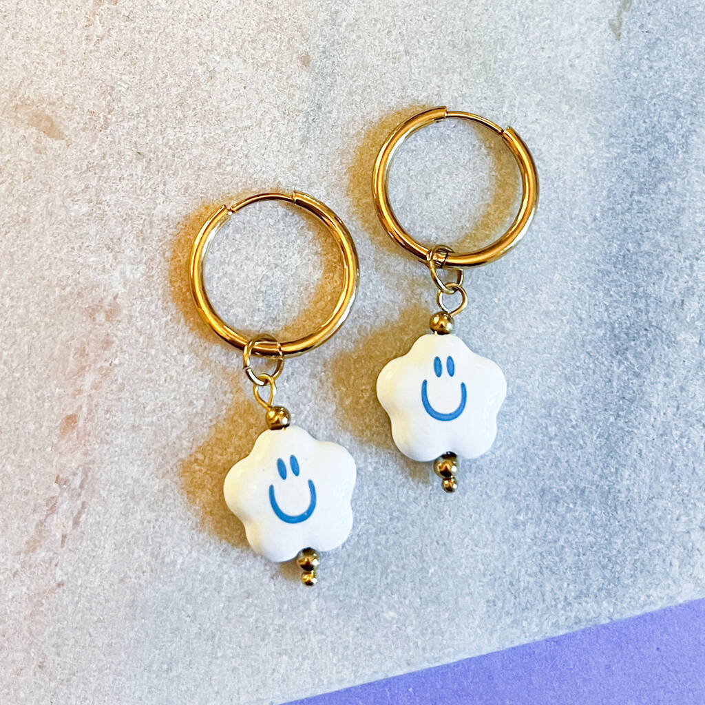 Happy Face Ceramic Star Hoop Earrings, 1 of 1