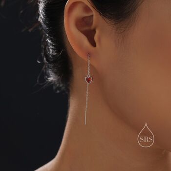 Tiny Garnet Red Cz Heart Threader Earrings, 3 of 12
