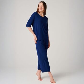 Women's 'Navy Peony' Bamboo Lace Pyjama Set, 2 of 6