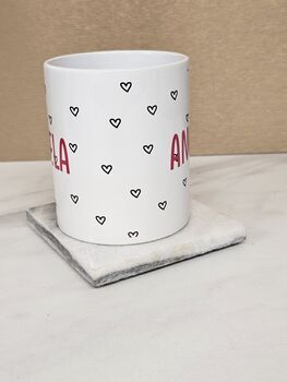 Personalised Ceramic Mug With Name And Heart Pattern, 2 of 3