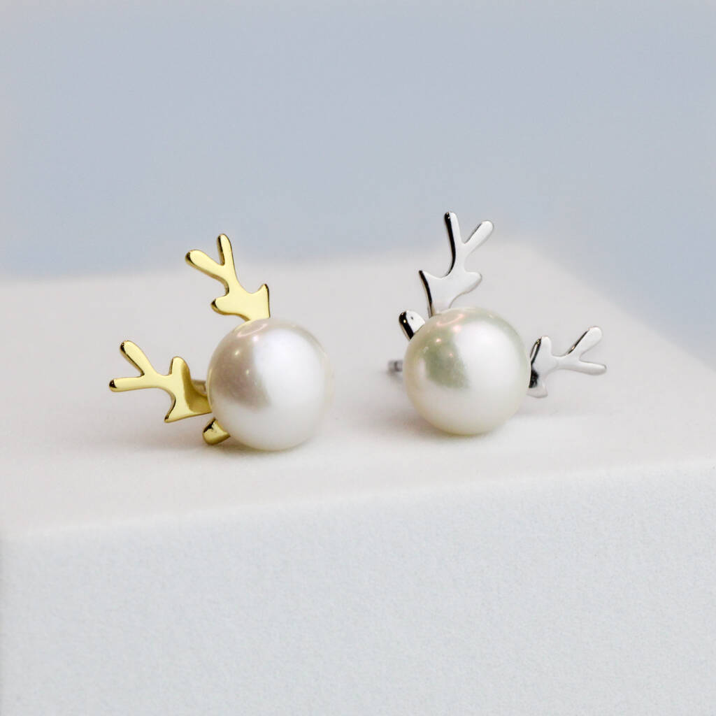Sterling Silver Pearl Reindeer Stud Earrings, 1 of 6