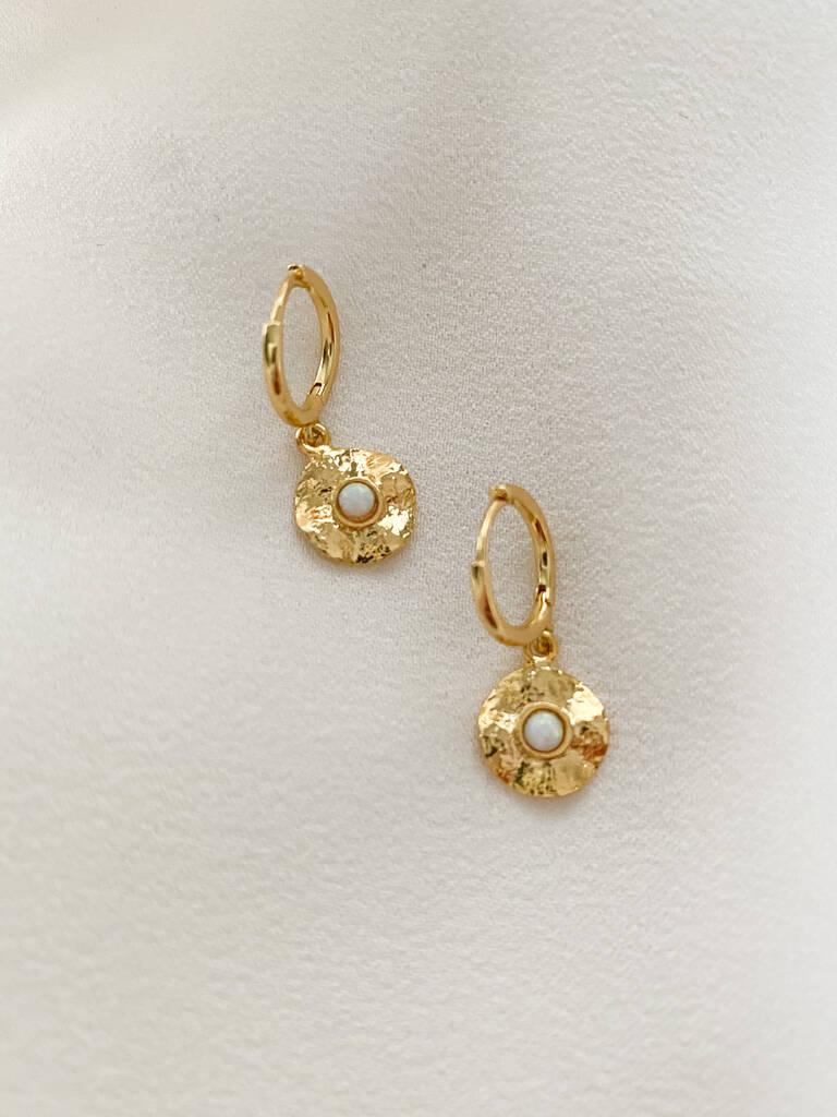 18k Gold Opal Disk Huggie Hoop Earrings, 1 of 2