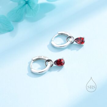 Sterling Silver Garnet Red Cz Droplet Hoop Earrings, 4 of 12