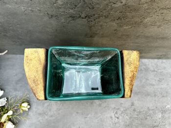 26cm V Shaped Molten Glass Vase On Teak Root – Handmade Wooden, 3 of 12