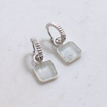 The Faceted Square Blue Topaz Gemstone Hoop Earrings, Silver, 4 of 6
