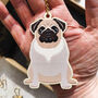 Pug Dog Wooden Keyring With Optional Christmas Card, thumbnail 1 of 8