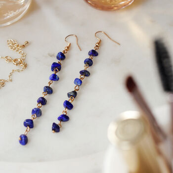 Gold Plate Lapis Lazuli Crystal Chip Dropper Earrings, 3 of 4