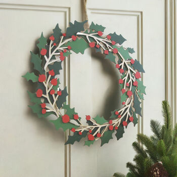 Hand Painted Holly And Red Berry Wooden Christmas Wreath, 2 of 4