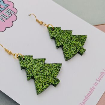 Large Light Green Glitter Christmas Tree Earrings, 3 of 4