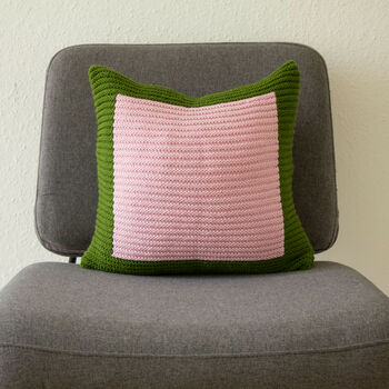 Hand Knit Colour Block Cushion In Emerald And Pink, 3 of 5