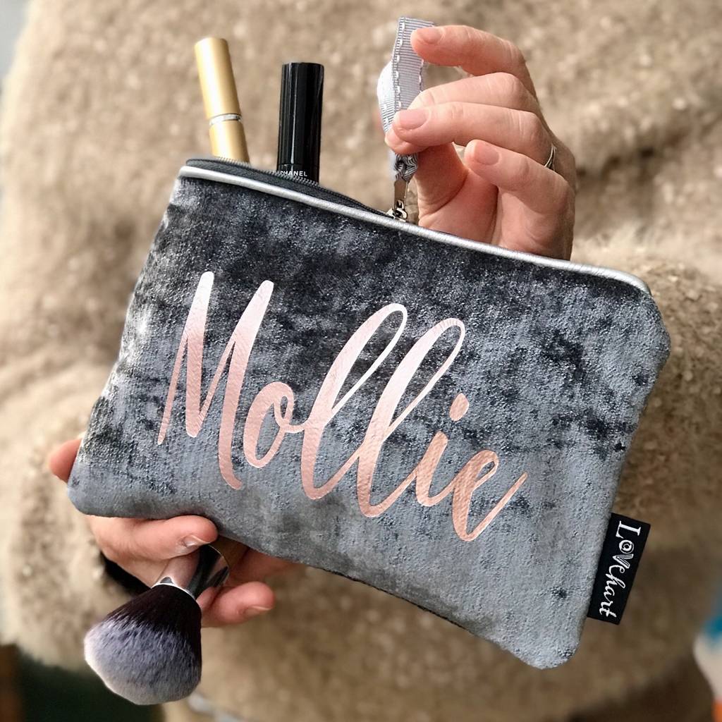 Grey Velvet Clutch Style Makeup Bag With Gold Trim By lovehart