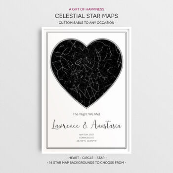 Personalised Star Map Print Romantic Heart Design, 2 of 12