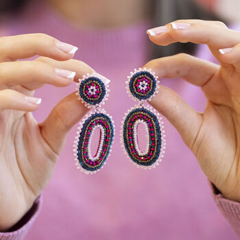 Pink And Blue Beaded Oval Statement Earrings, 3 of 4