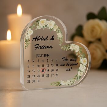 Personalised Wedding Calendar Acrylic Heart Plaque With Name, 5 of 12