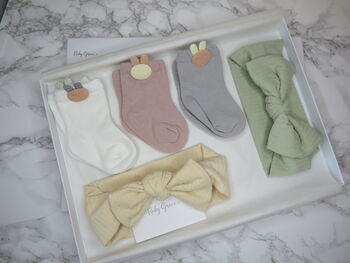 Bunny Socks And Ribbed Bows Baby Gift Set, 2 of 2