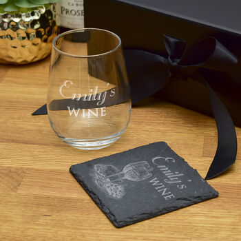 Gift Boxed Wine Sketch Stemless Glass And Coaster Set, 2 of 3