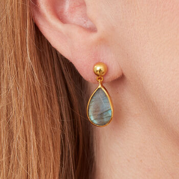 Labradorite Drop Gold Plated Silver Ball Stud Earrings, 5 of 12