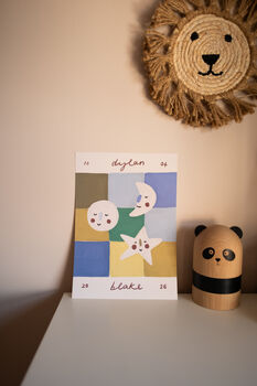 Personalised Illustrated Name Print With Moons And Stars And Patchwork, 8 of 11