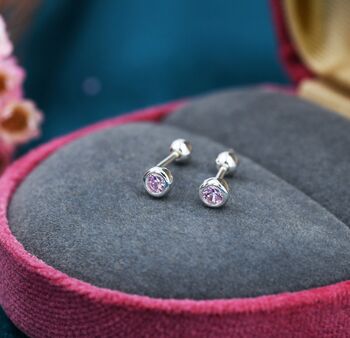 Tiny Pink Cz Barbell Earrings In Sterling Silver, 2 of 12