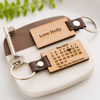 Personalised Oak Calendar Date Keyring Pu Vegan Leather, 2 of 7