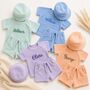 Summer Personalized 3pcs Towelling Sets Embroidered Kids Personalised T Shirt And Shorts Baby Toddler Outfit Matching Sibling Beach Outfit, thumbnail 1 of 7