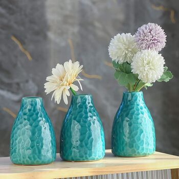 Set Of Three Glazed Blue Green Ceramic Flower Vase, 2 of 5