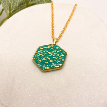 Aqua Gold Foil Speckled Hexagon Necklace, 2 of 9