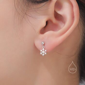 Sterling Silver Minimalist Snowflake Dangle Stud Earrings, 7 of 11