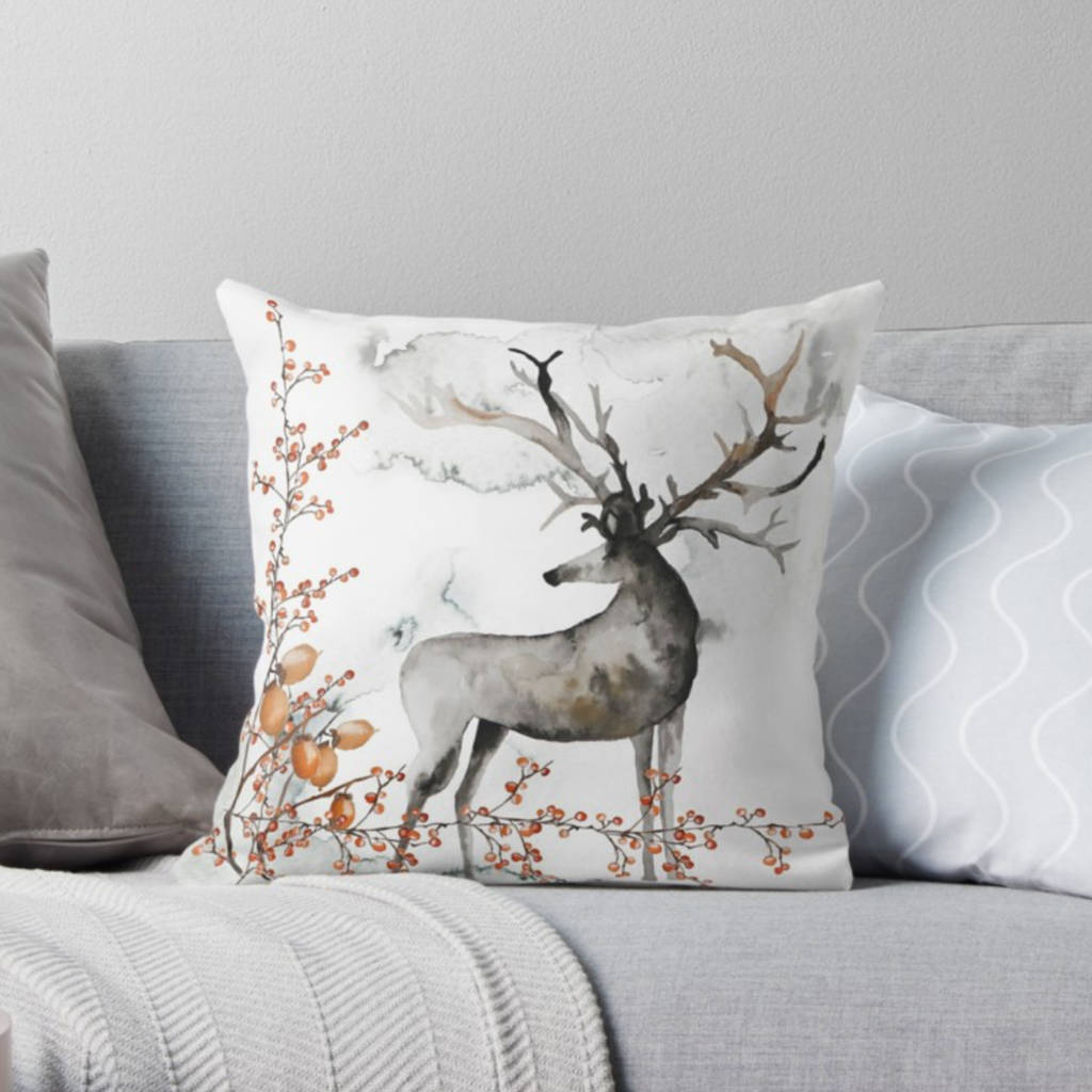 Christmas Watercolour Deer And Berry Cushion By Claryce Design ...