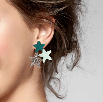 Star Earrings In Silver And Teal Glitter Acrylic, 2 of 4