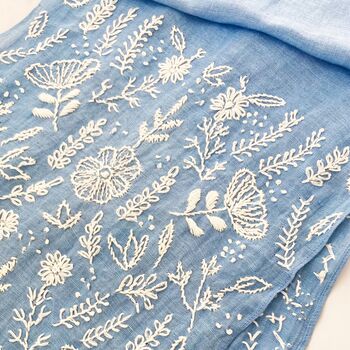 Hand Embroidered 100% Linen Scarf In Denim Blue Floral, 3 of 6