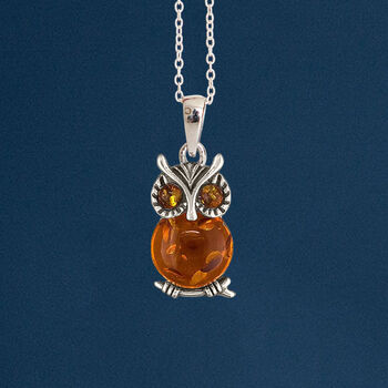 Sterling Silver Baltic Amber Owl Necklace, 2 of 12