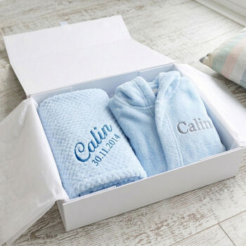 Personalised Dressing Gown And Blanket Baby Boy Hamper, 2 of 11