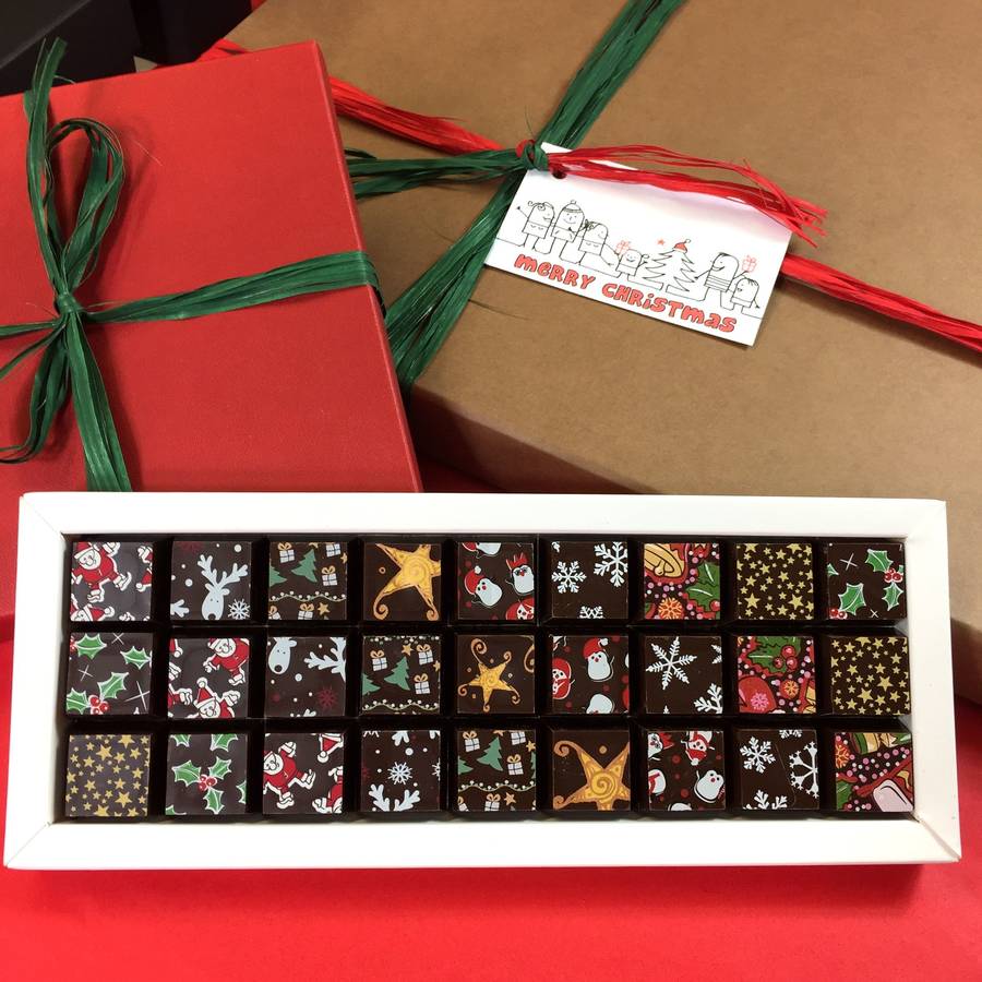 box of christmas mosaic dark chocolates by cocoapod