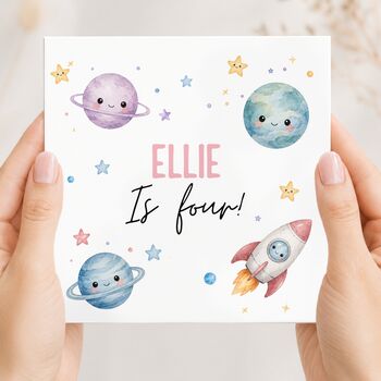 Space Birthday Card, Astronaut Rocket Children Birthday Card, Blue Or Pink, 2 of 3