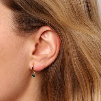 May Huggie Hoop Birthstone Charm Earrings, 2 of 4