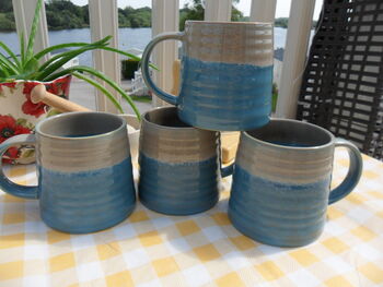 Set Of Four Reactive Glaze Brûlée Mugs In Light Blue And Grey Mist, 9 of 10