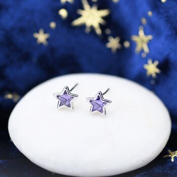 Sterling Silver Amethyst Purple Cz Star Stud Earrings, 4 of 10