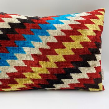 Oblong Ikat Velvet Cushion Multi Zigzag, 4 of 9
