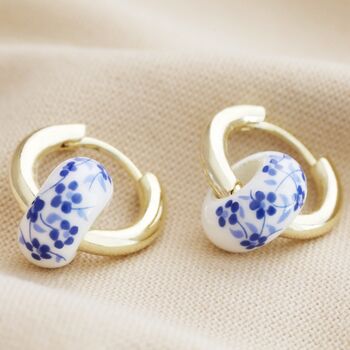 Blue Willow Bead Hoop Earrings In Gold Plating, 2 of 3