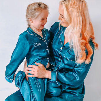 Special Offer! Women's Personalised Christmas Emerald Silky Satin Pj, 5 of 7