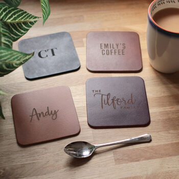 Personalised Recycled Vintage Leather Set Of Coasters, 10 of 10