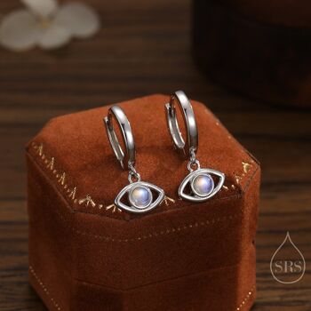 Sterling Silver Moonstone Evil Eye Huggie Hoop Earrings, 2 of 10
