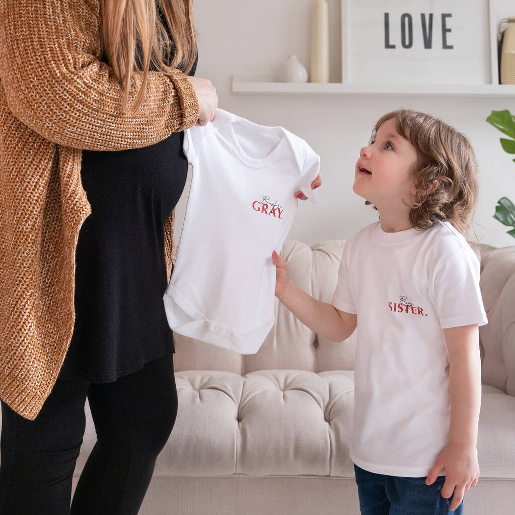 Baby Announcement Bodysuit And Matching Sibling T Shirt, 1 of 3