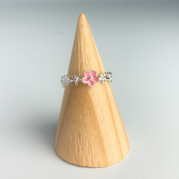 Sterling Silver Pink Flower Adjustable Ring, 3 of 6